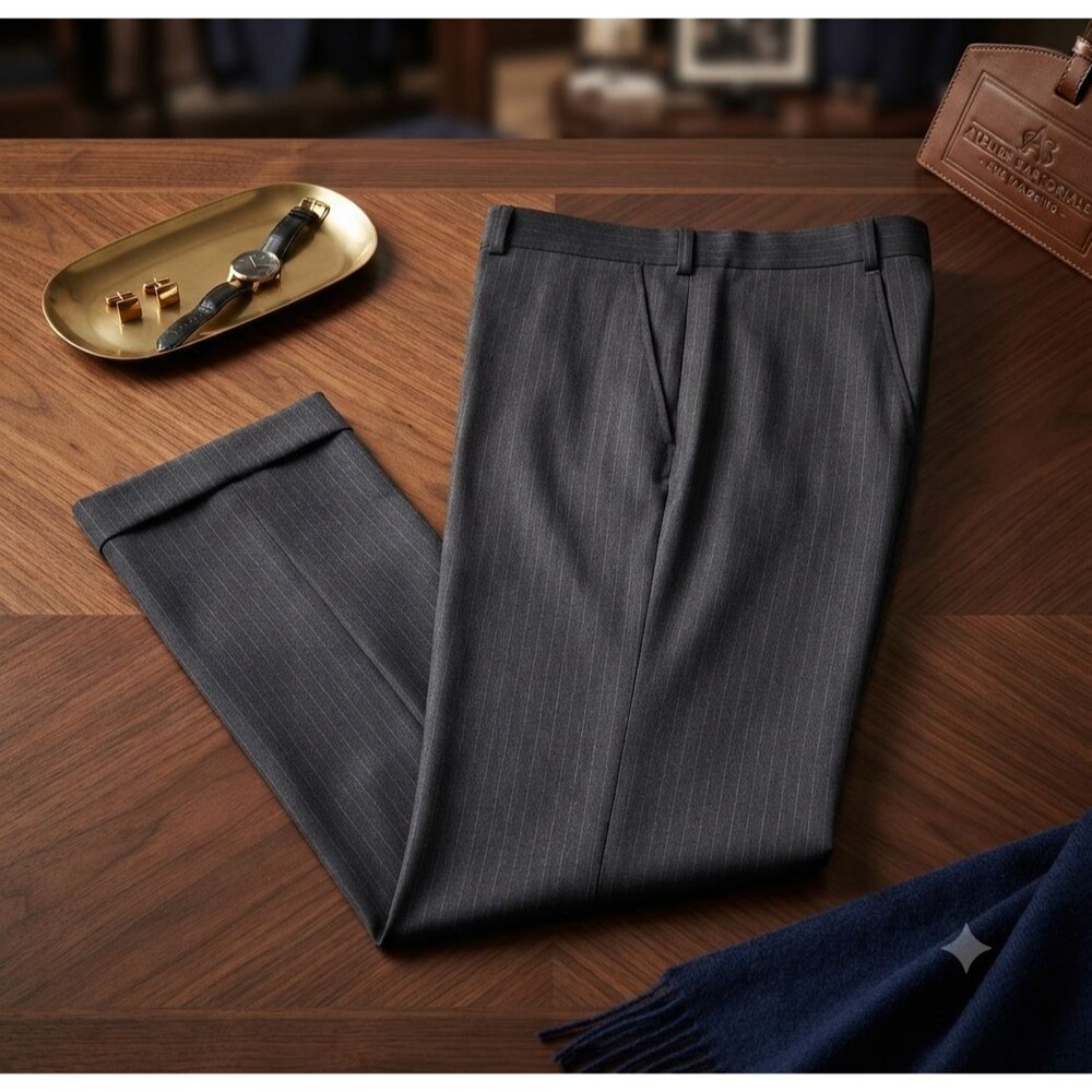 Vintage 90s Men’s W42 Gray Pinstripe Wool Trousers Pleated Cuffed Dress Slacks L
